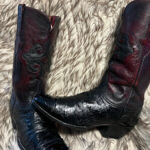 LUCCHESE MEN QUALITY OSTRICH & LEATHER WESTERN BOOTS-NEW HEEL CAPS-BLK-Sz 8.5 D